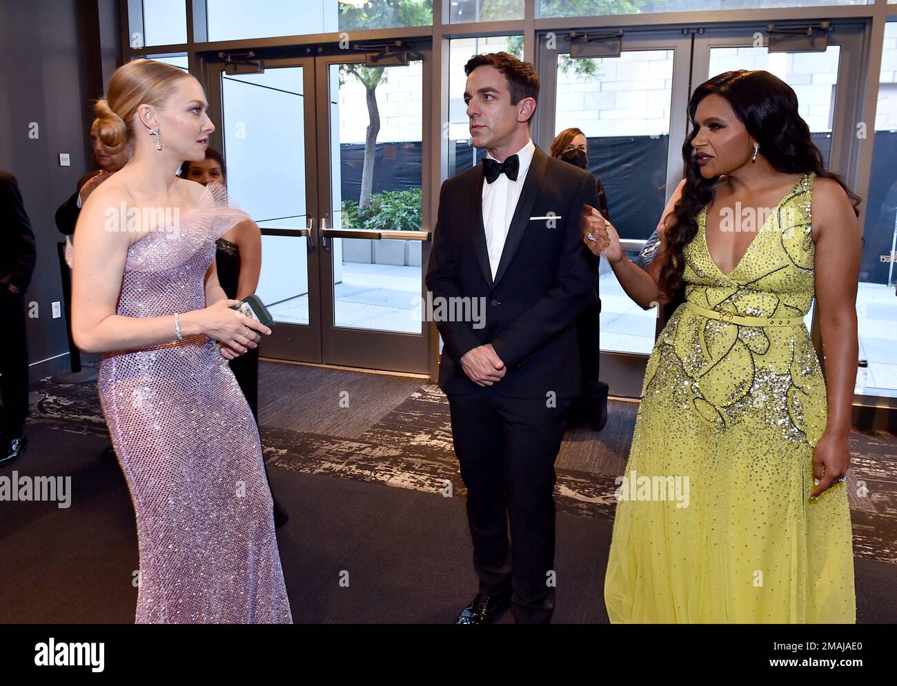 Amanda Seyfried, left, B. J. Novak, and Mindy Kaling at the 74th Emmy  Awards on Monday, Sept. 12, 2022 at the Microsoft Theater in Los Angeles.  (Photo by Jordan StraussInvision for the