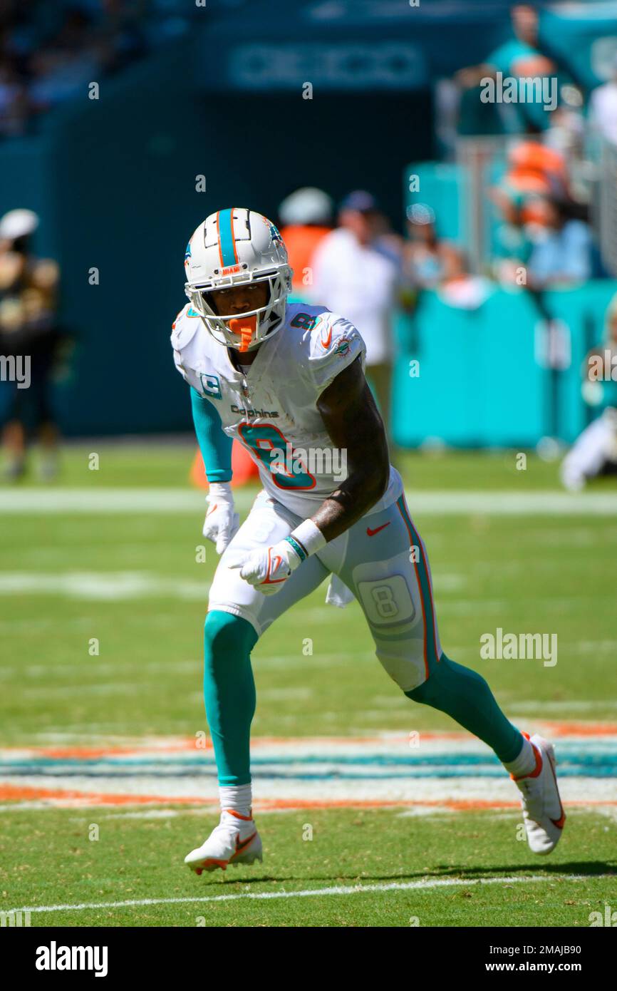 Miami Dolphins free safety Jevon Holland (8) walks off the field before an  NFL football game, Sunday, Oct. 31, 2021 in Orchard Park, NY. (AP  Photo/Matt Durisko Stock Photo - Alamy