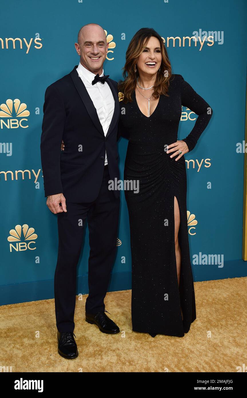 Christopher Meloni, left, and Mariska Hargitay arrive at the 74th Emmy