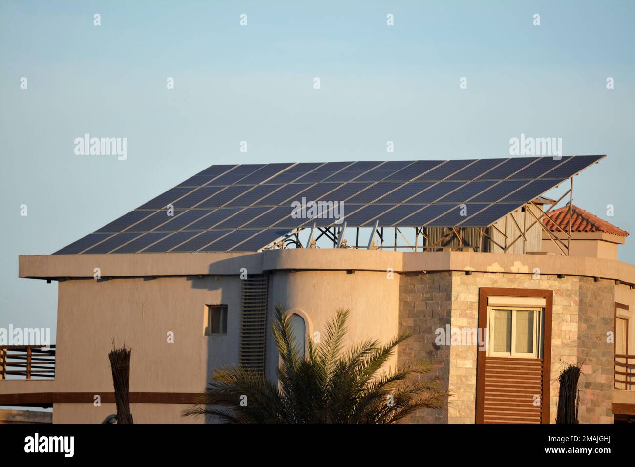 Solar cells and panels in Egypt, photovoltaic cell, electronic device that converts the energy of light directly into electricity by the photovoltaic Stock Photo