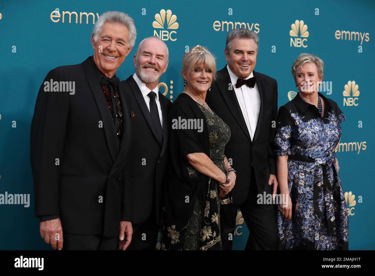 Barry Williams, from left, Mike Lookinland, Susan Olsen, Chris Knight, and  Eve Plumb arrive at the 74th Emmy Awards on Monday, Sept. 12, 2022 at the  Microsoft Theater in Los Angeles. (Photo