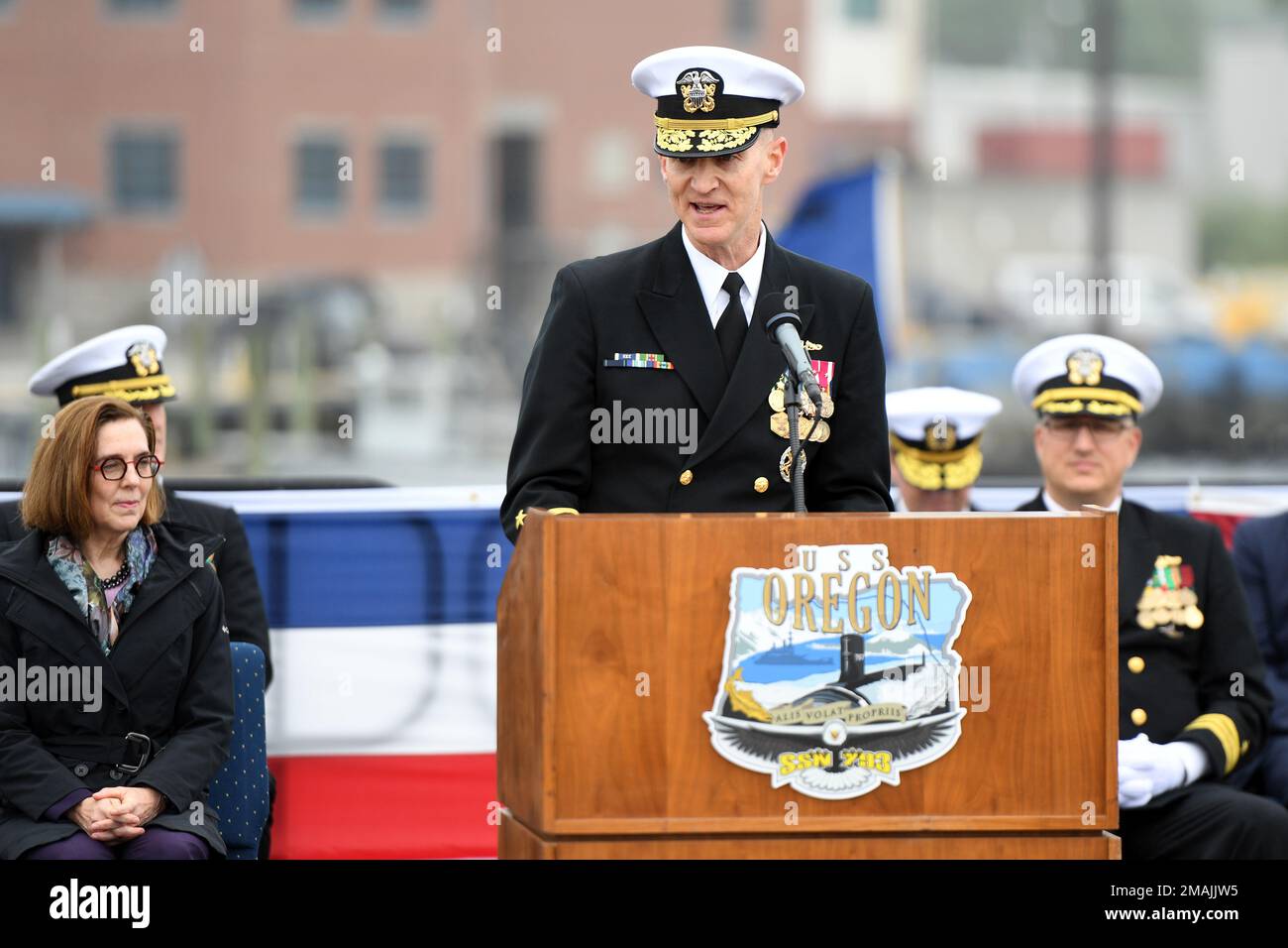 220528-N-GR655-0076 GROTON, Connecticut (May 28, 2022) – Adm. Frank Caldwell, director of the Naval Nuclear Propulsion Program, delivers remarks during a commissioning ceremony for the Virginia-class fast attack submarine USS Oregon (SSN 793) in Groton, Conn., May 28, 2022. SSN 793, the third U.S Navy ship launched with the name Oregon and first in more than a century, is a flexible, multi-mission platform designed to carry out the seven core competencies of the submarine force: anti-submarine warfare; anti-surface warfare; delivery of special operations forces; strike warfare; irregular warfa Stock Photo
