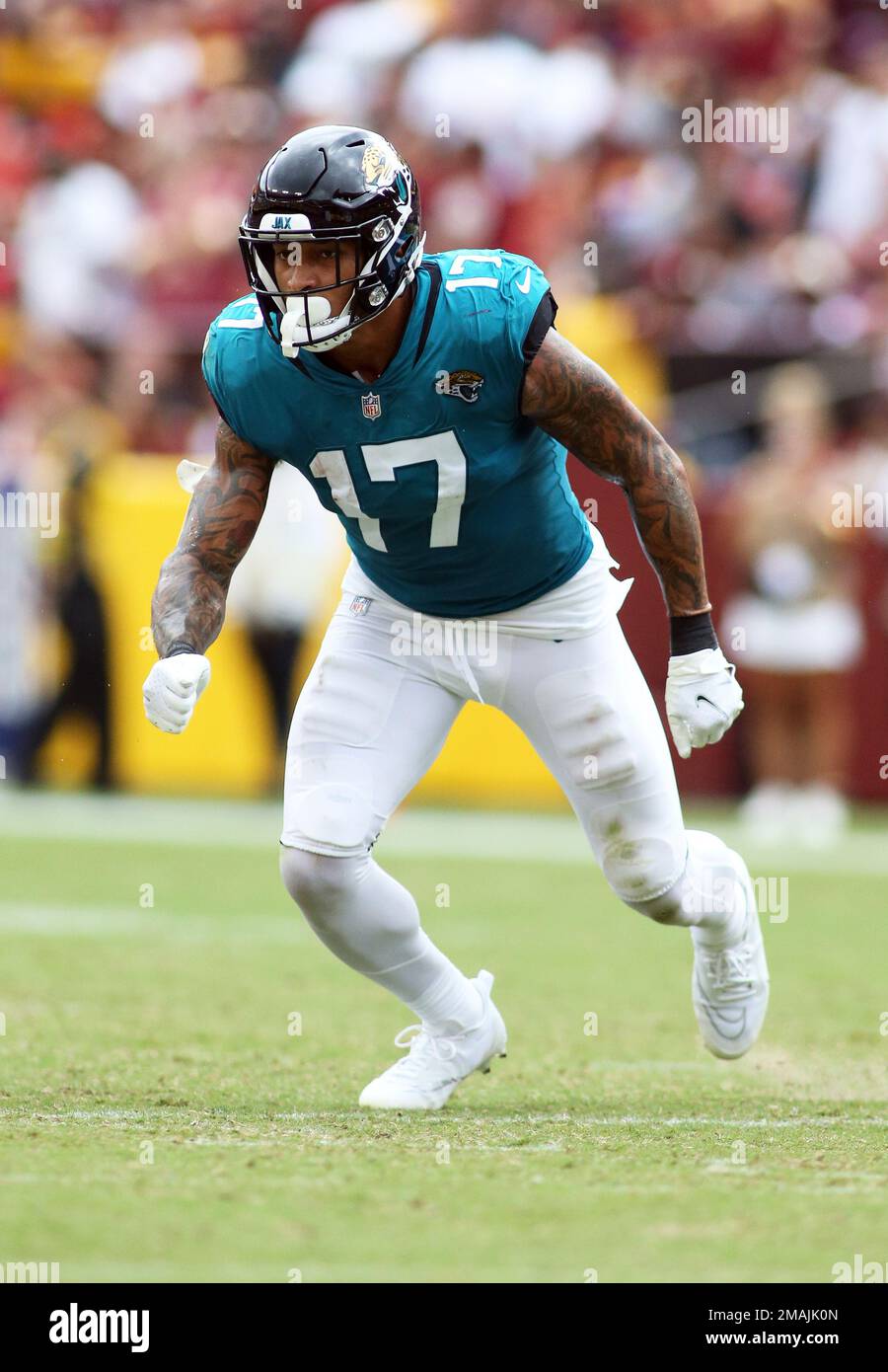 Jacksonville Jaguars tight end Evan Engram (17) runs during an NFL football  game against the Washington Commanders, Sunday, Sept. 11, 2022 in Landover.  (AP Photo/Daniel Kucin Jr Stock Photo - Alamy