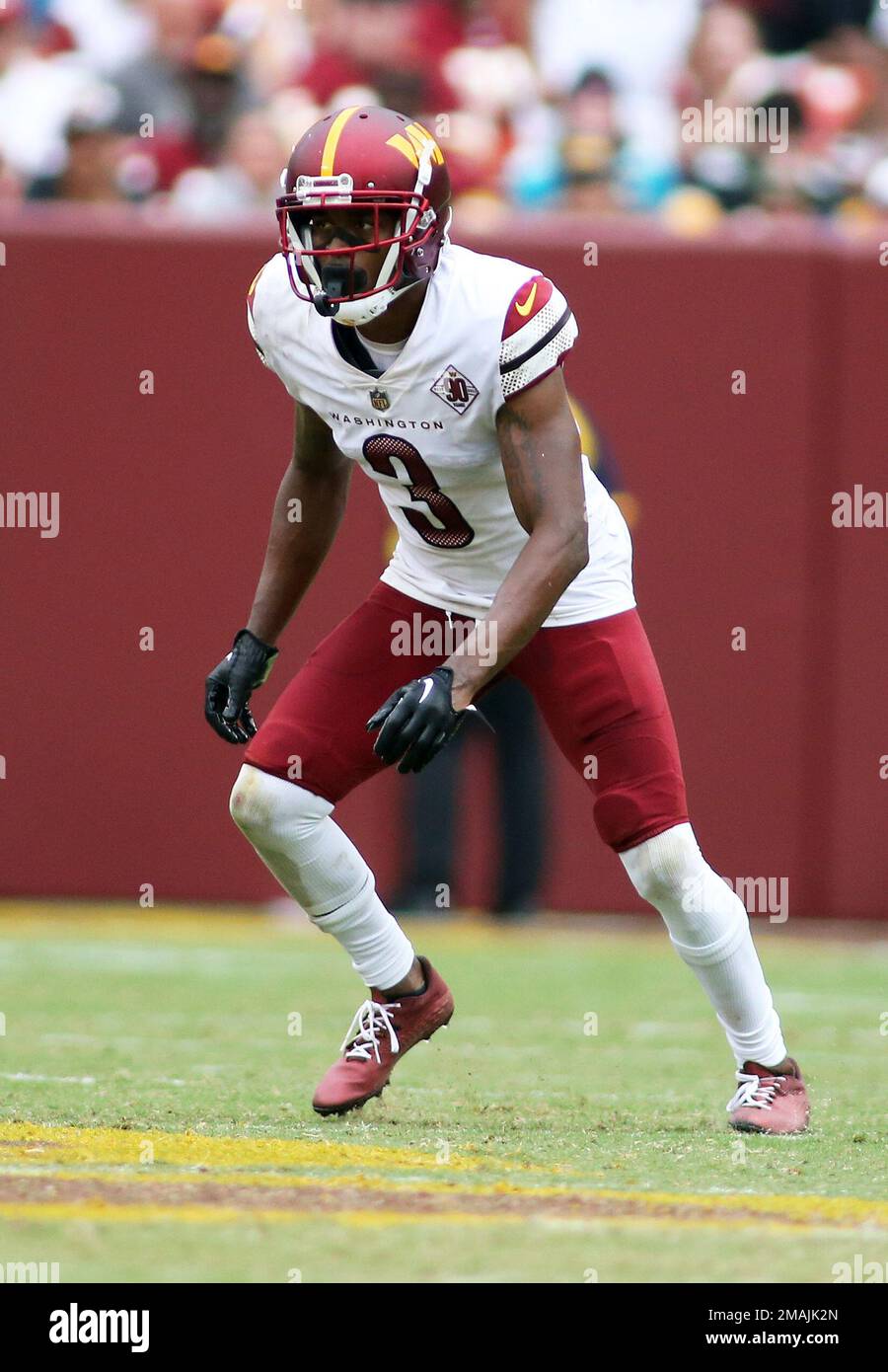 Washington Commanders cornerback William Jackson III (3) is seen during  warmups before an NFL football game