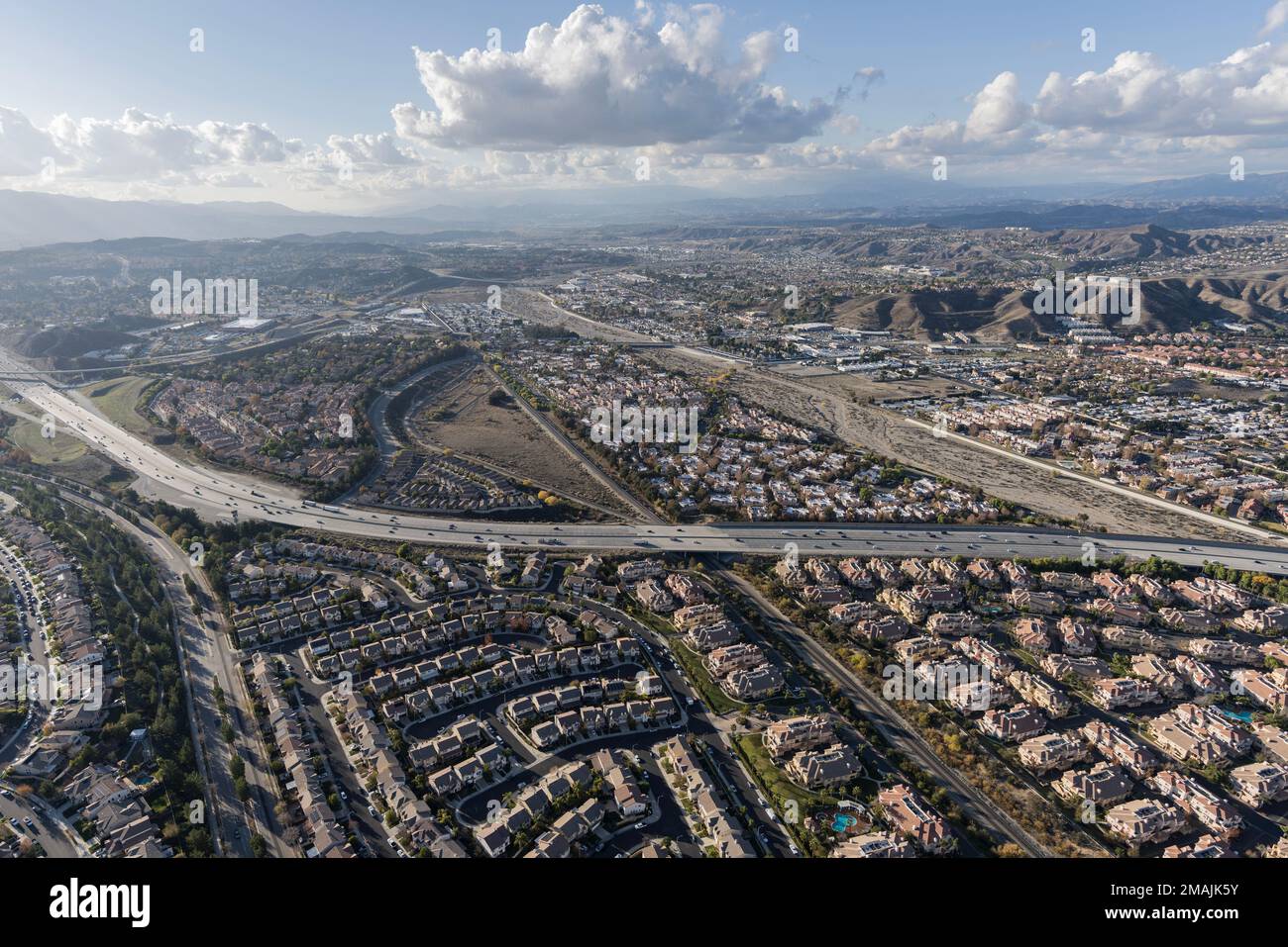 Aerial view of housing developments and the 14 freeway in the Santa