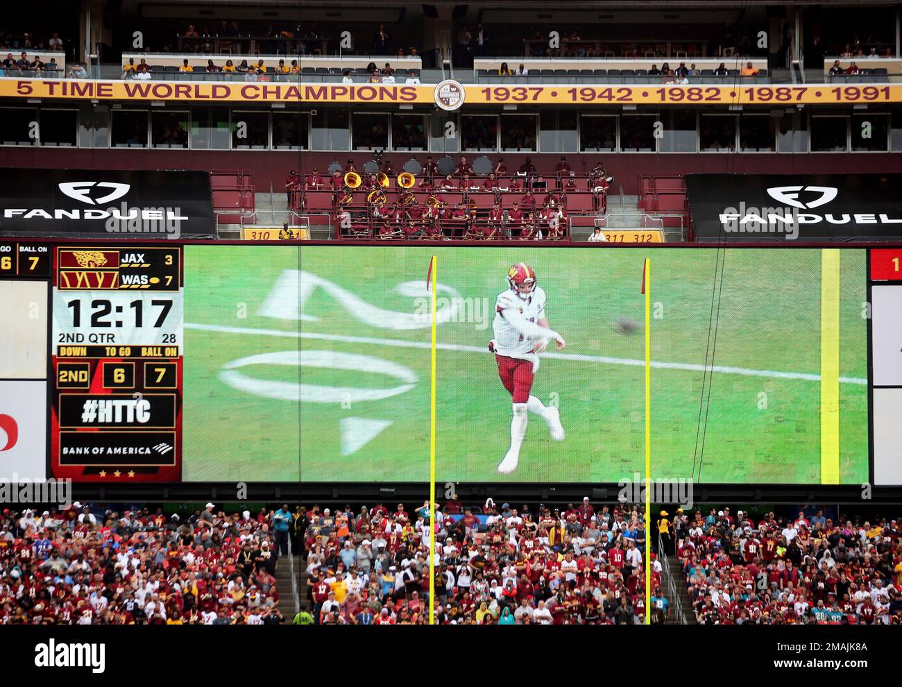 Washington Commanders signage on display above the jumbotron during an