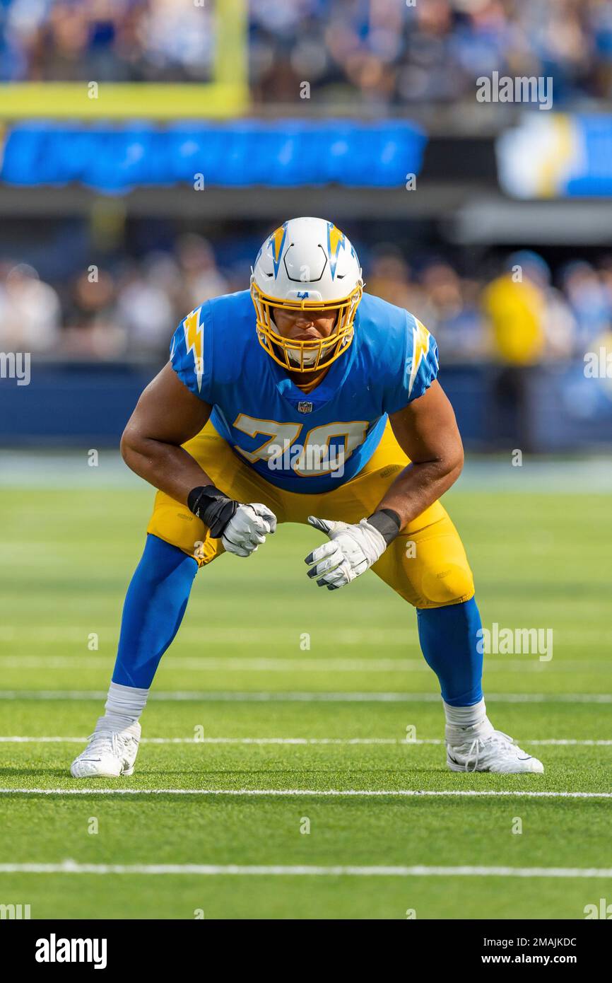 Tackle (70) Rashawn Slater of the Los Angeles Chargers blocks