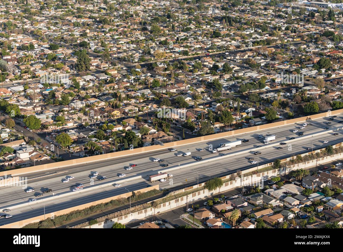 Aerial view of Interstate 5 and older neighborhoods in the Arleta area