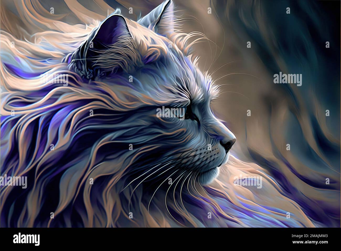 a painting of a cat with blue eyes and long hair, with a black