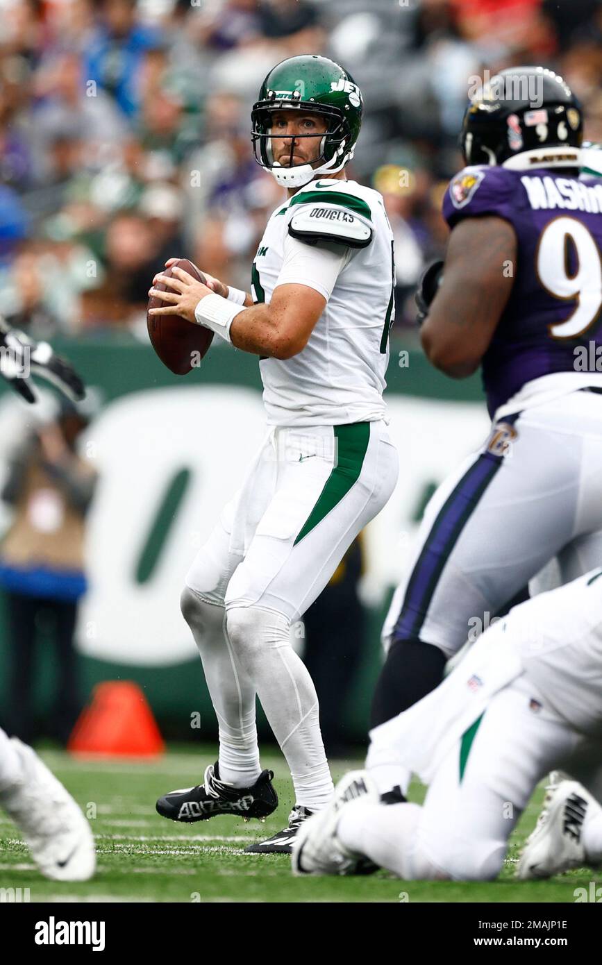 New York Jets quarterback Joe Flacco (19) in action against the Baltimore  Ravens during an NFL football game, Sunday, Sep.11, 2022, in East  Rutherford, N.J.. (AP Photo/Rich Schultz Stock Photo - Alamy