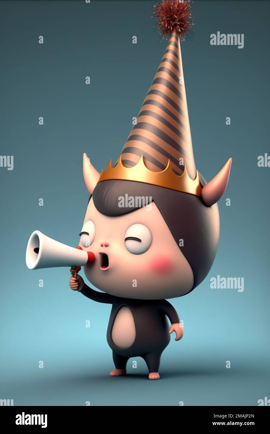 a little boy with a horn and a party hat on his head is blowing a horn