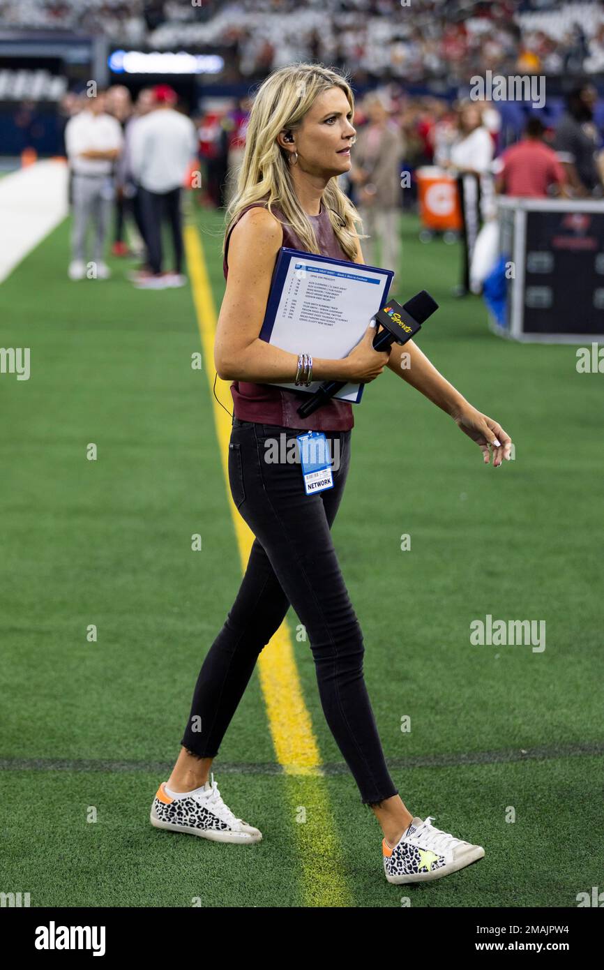 NBC sideline reporter Melissa Stark is seen before an NFL football game  between the Tampa Bay Buccaneers and Dallas Cowboys, Sunday, Sept. 11, 2022,  in Arlington, Texas. Tampa Bay won 19-3. (AP