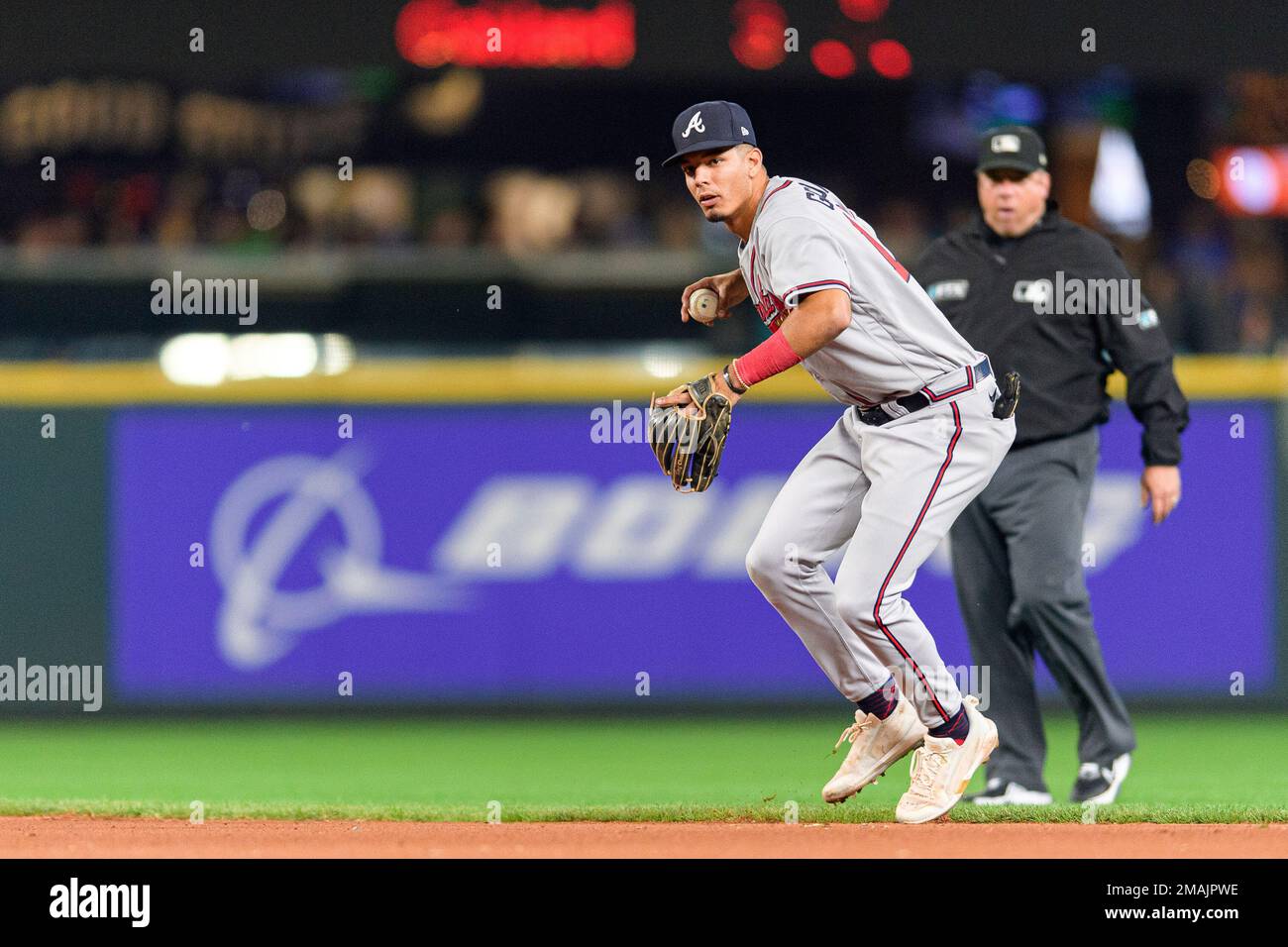 Atlanta Braves second baseman Vaughn Grissom (18) is shown against the  Colorado Rockies during a baseball game Tuesday, Aug. 30, 2022, in Atlanta.  (AP Photo/John Bazemore Stock Photo - Alamy