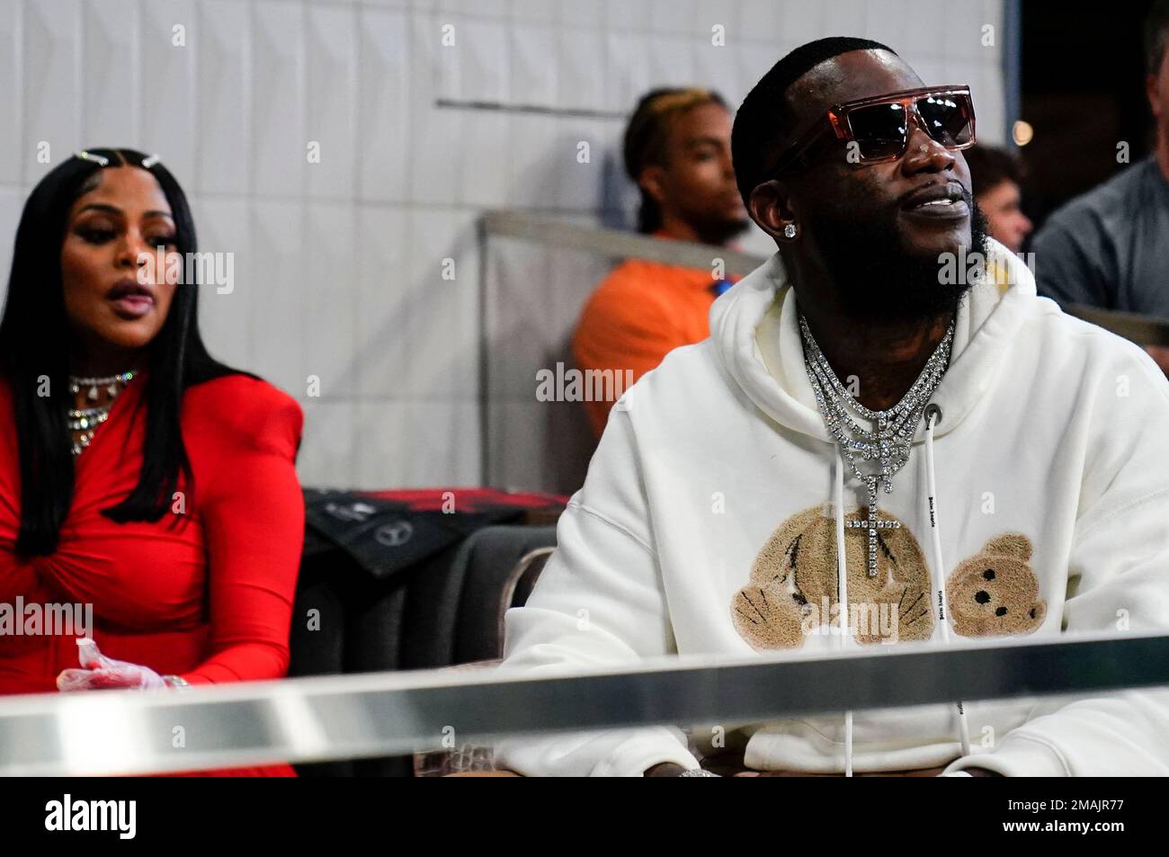 Rapper Gucci Mane watches play between the Atlanta Falcons and the