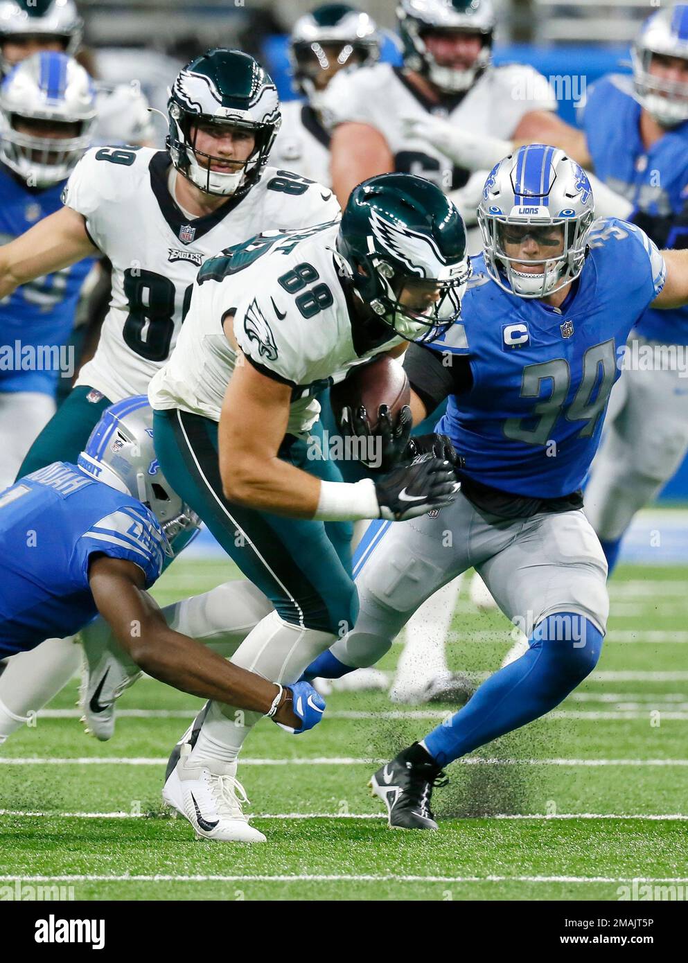 Philadelphia Eagles' Dallas Goedert, left, catches a pass in front of  Buffalo Bills' Jordan Poyer during the first half of an NFL football game,  Sunday, Oct. 27, 2019, in Orchard Park, N.Y. (