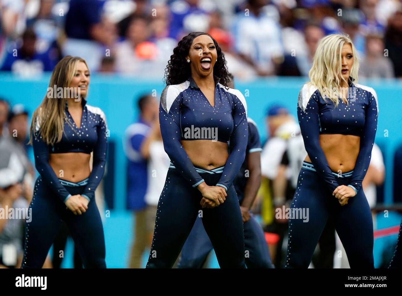 Tennessee Titans cheerleaders perform during the first half of an NFL  football game between the Tennessee Titans and the Denver Broncos, Sunday,  Nov. 13, 2022, in Nashville, Tenn. (AP Photo/Mark Humphrey Stock
