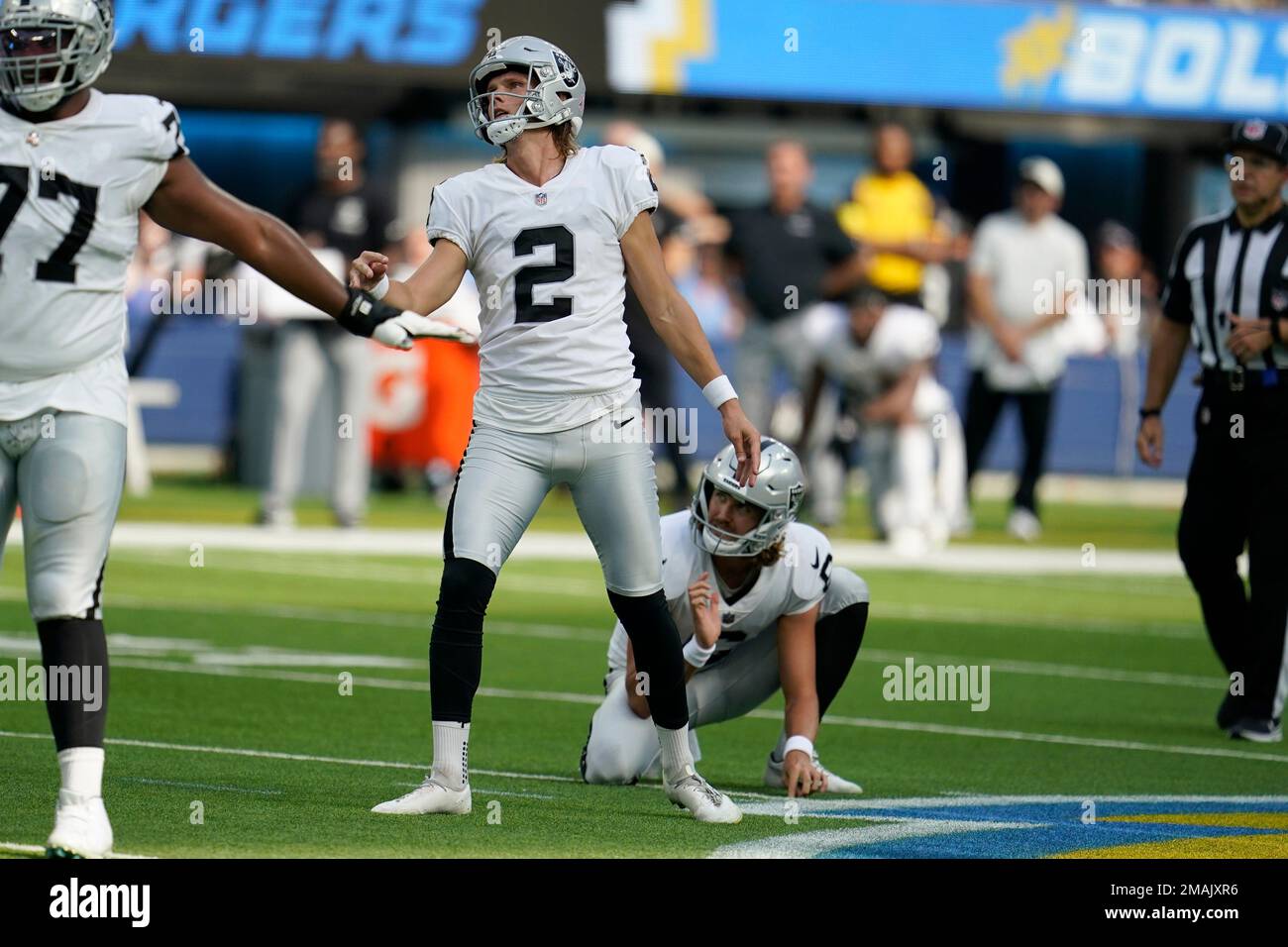 Las Vegas Raiders kicker Daniel Carlson (2) on the field during warm-ups  before the start of an NFL football game against the Los Angeles Chargers,  Sunday, September 11, 2022 in Inglewood, Calif.