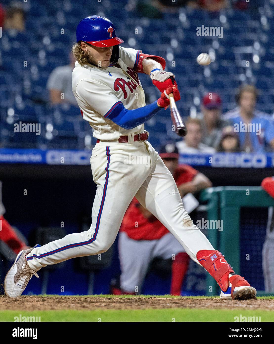 Philadelphia Phillies' Alec Bohm hits a two run home run during the seventh  inning of a baseball game against the Washington Nationals, Sunday, Sept.  11, 2022, in Philadelphia. (AP Photo/Laurence Kesterson Stock