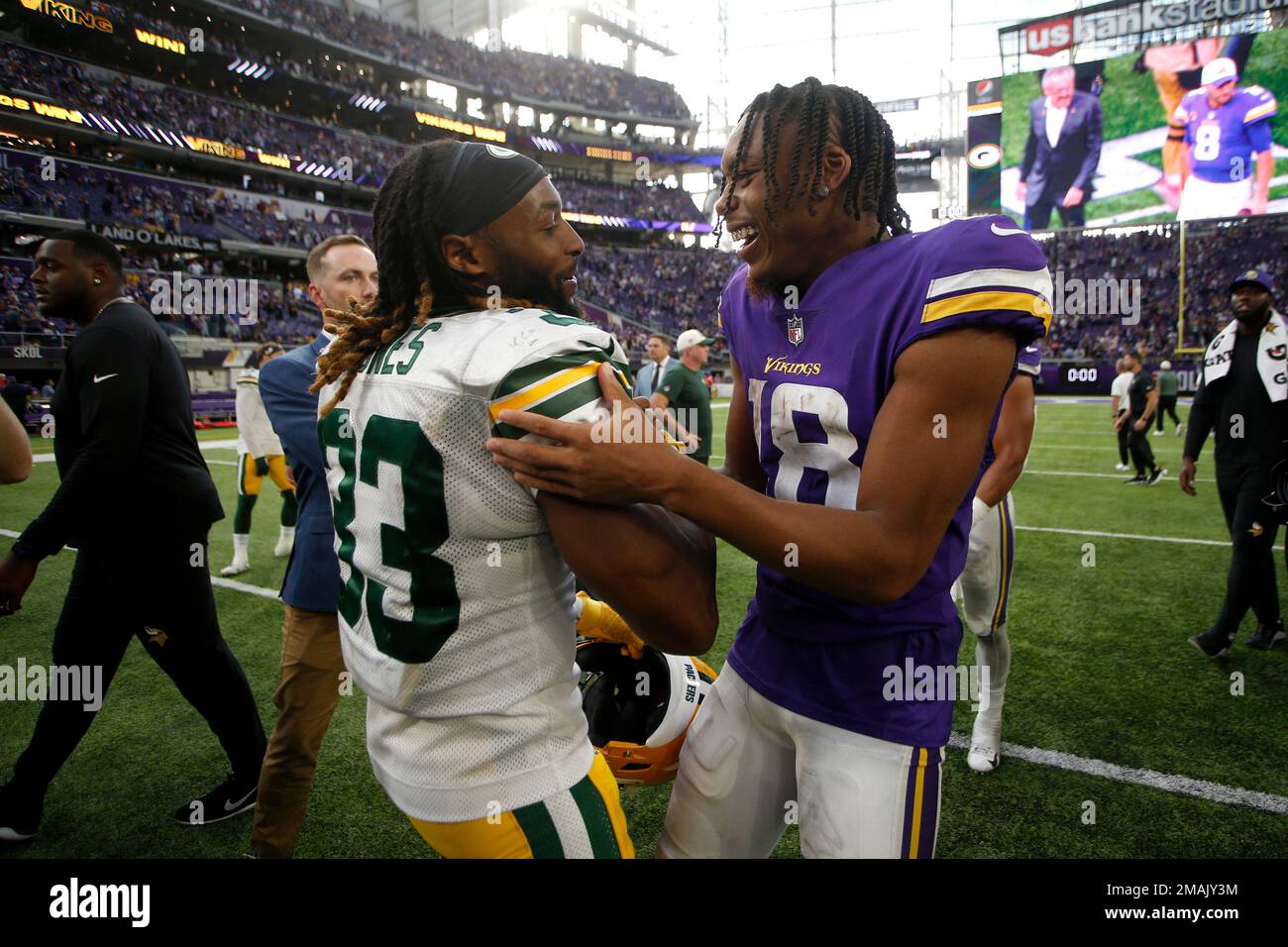 Minnesota Vikings wide receiver Justin Jefferson on the sideline during the  second half of an NFL preseason football game against the Arizona Cardinals,  Saturday, Aug. 26, 2023 in Minneapolis. Arizona won 18-17. (