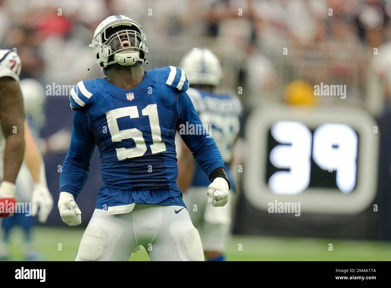 Indianapolis Colts defensive end Kwity Paye (51) celebrates a sack of