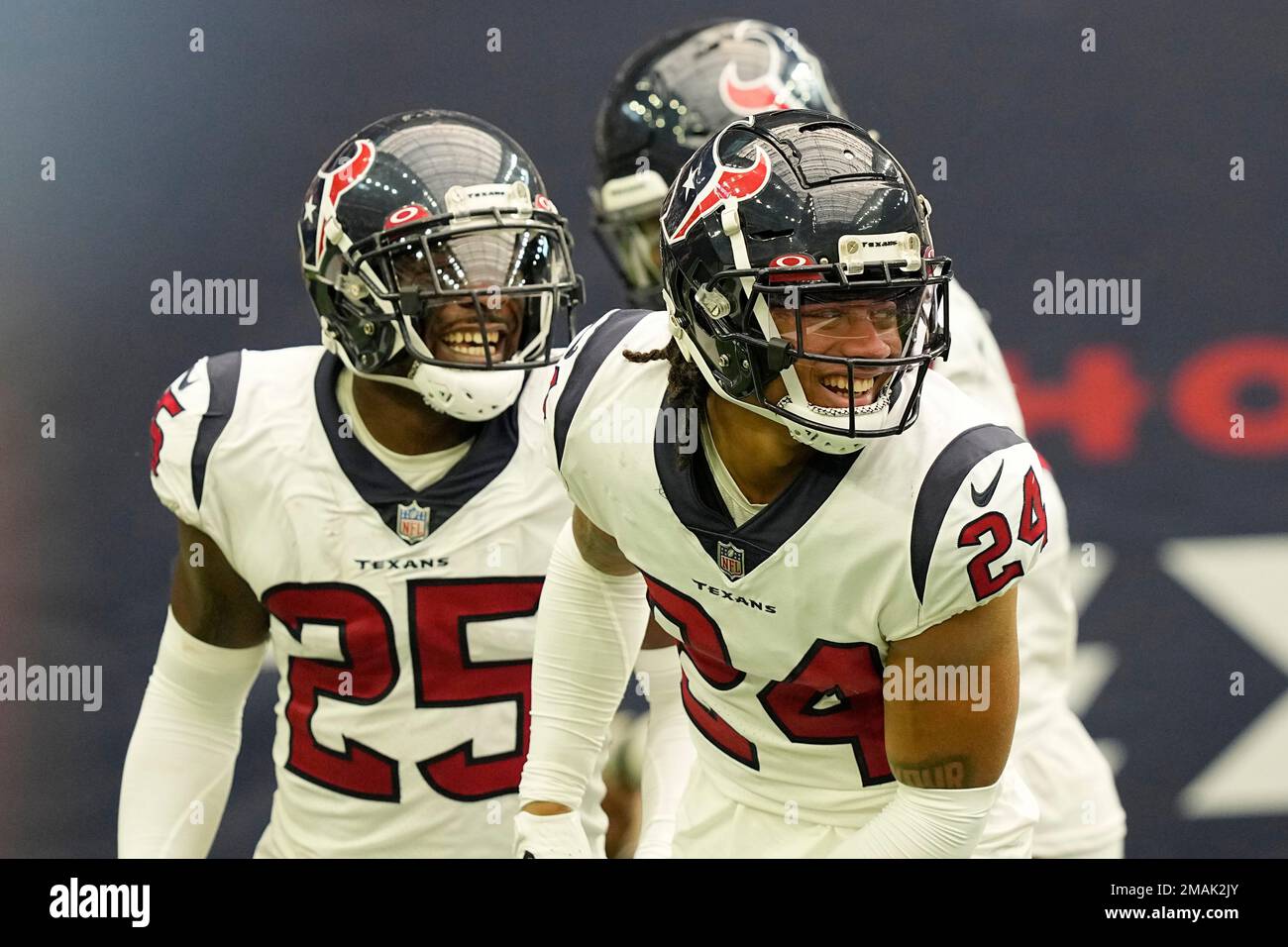 Houston Texans cornerback Derek Stingley Jr. (24) celebrates after breaking up a pass in the end