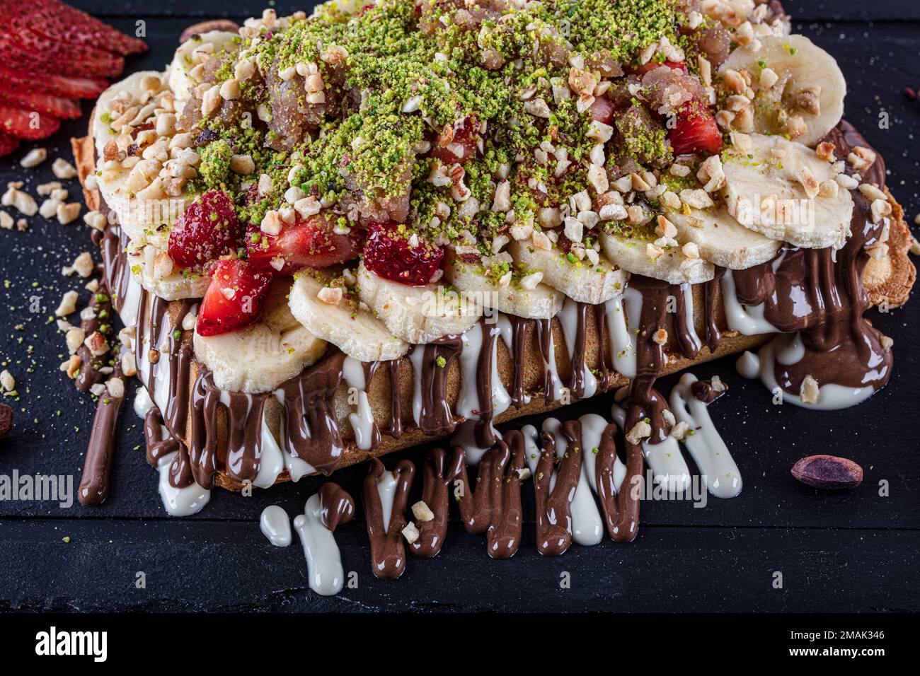 Traditional Belgian waffles with fresh fruit and whipped cream Stock ...