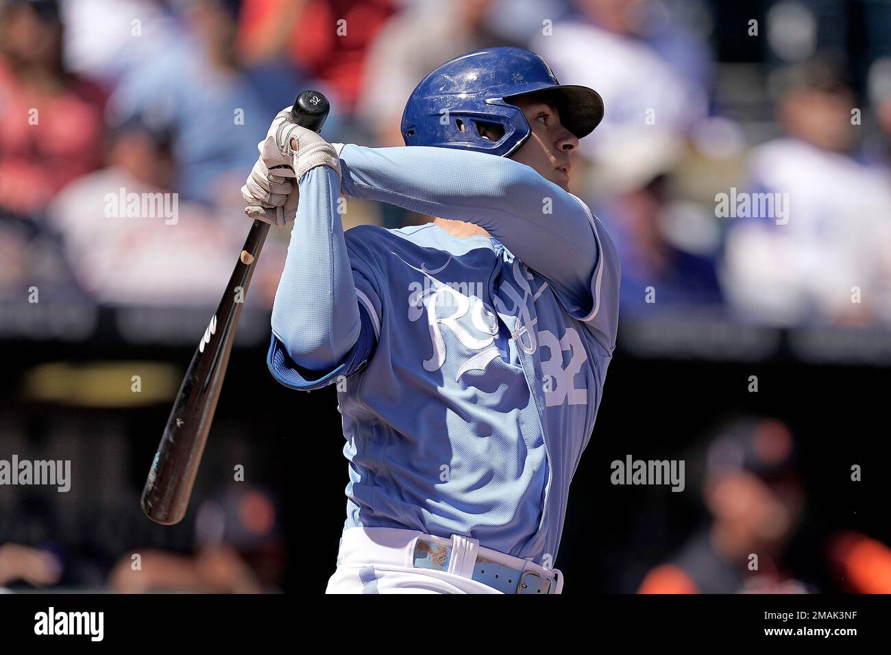 Kansas City Royals' Nick Pratto hits a sacrifice double play to score a run  during the first inning of a baseball game against the Detroit Tigers  Sunday, Sept. 11, 2022, in Kansas