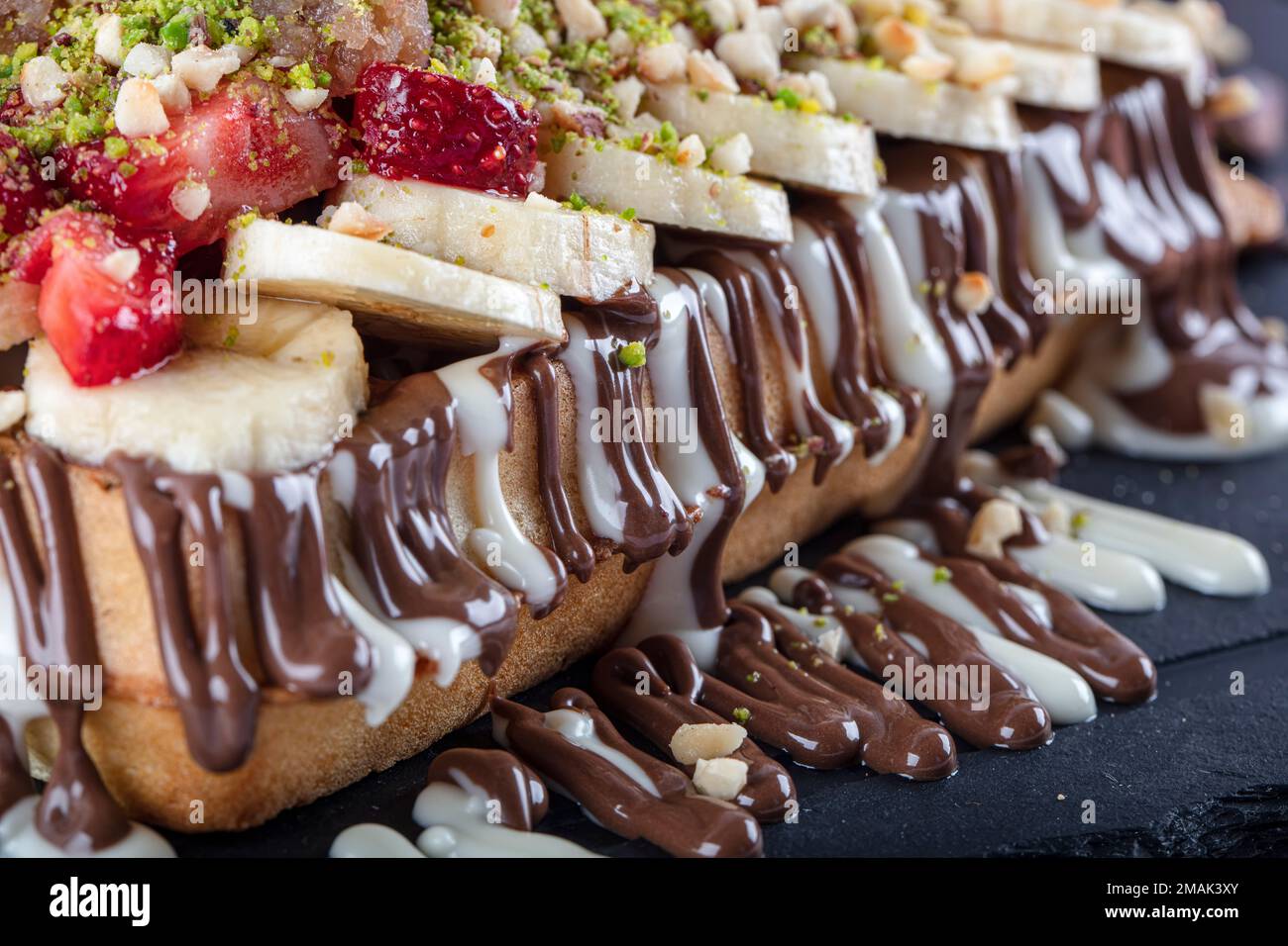 Traditional Belgian waffles with fresh fruit and whipped cream Stock ...