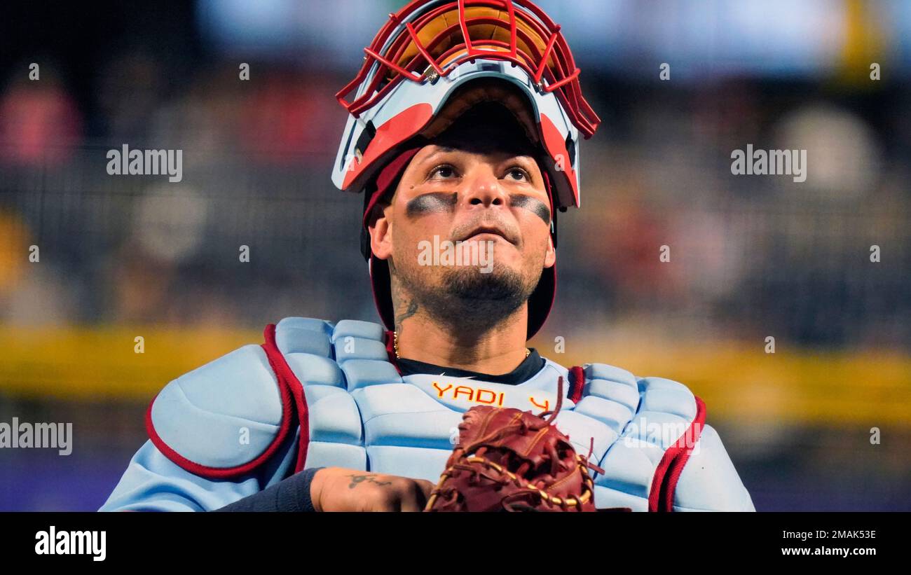 St. Louis Cardinals catcher Yadier Molina takes the field for a