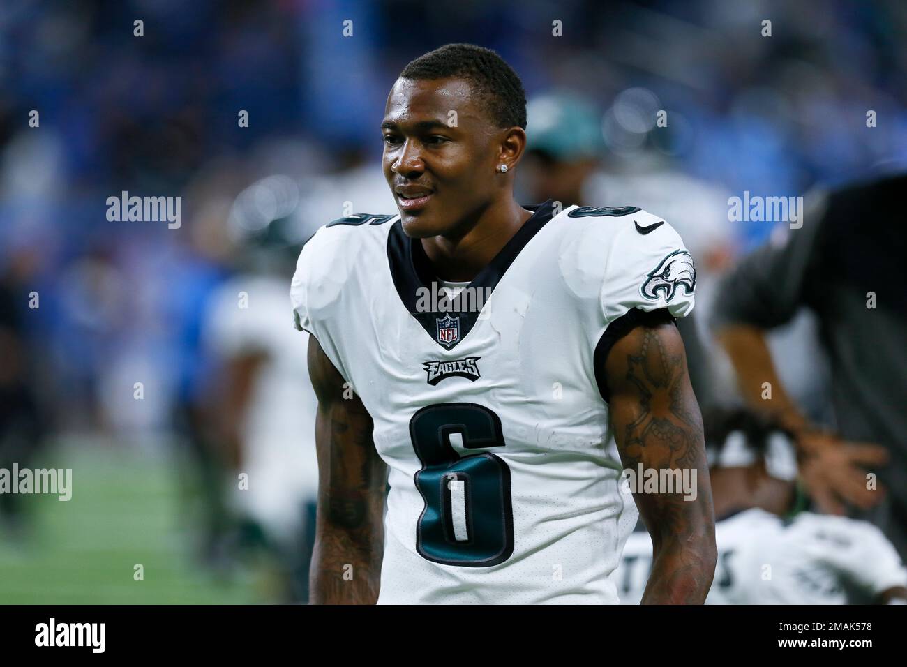 Philadelphia Eagles wide receiver DeVonta Smith watches before an NFL