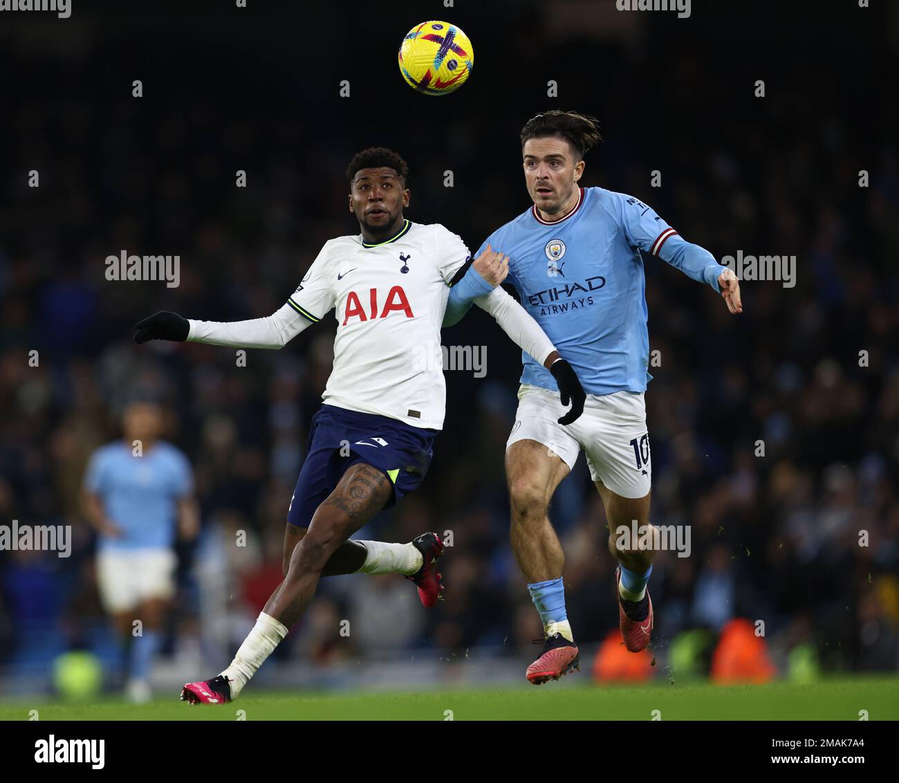 Manchester, UK. 19th January 2023. Emerson of Tottenham tussles with Jack Grealish of Manchester City during the Premier League match at the Etihad Stadium, Manchester. Credit: Sportimage/Alamy Live News Stock Photo