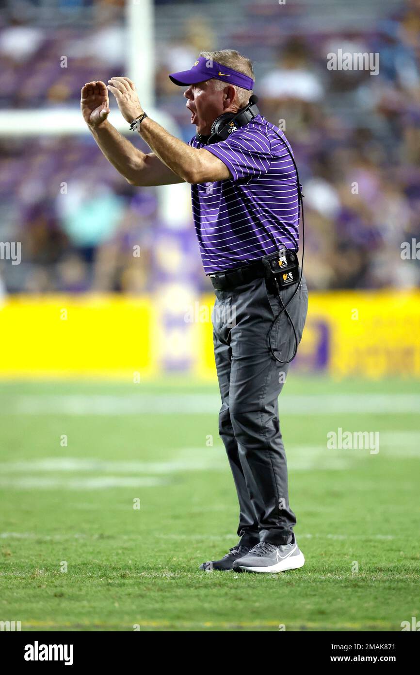LSU coach Brian Kelly reacts to a play during the second half of the