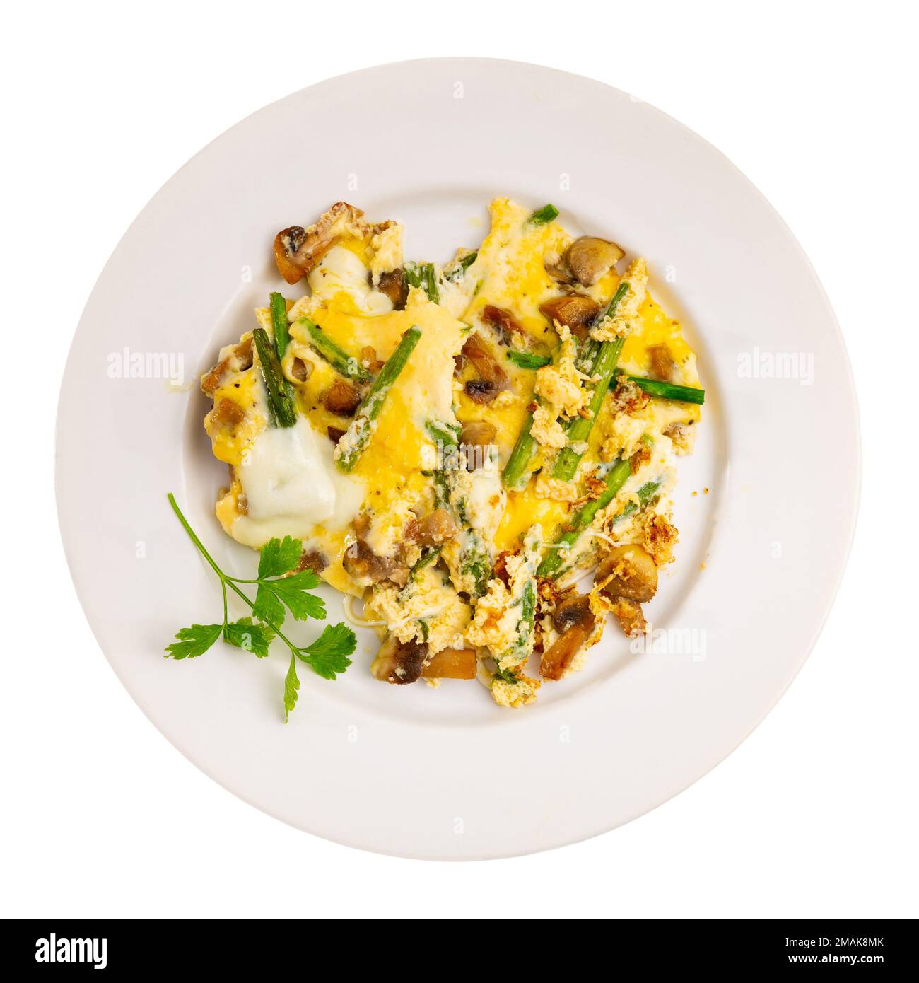 Portion of scrambled eggs with asparagus and mushrooms Stock Photo Alamy