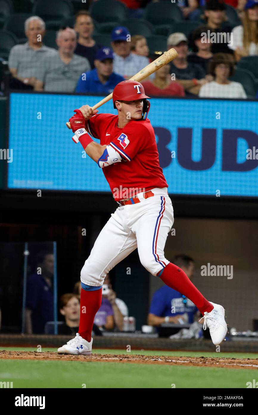 Texas Rangers third baseman Josh Jung defends against the Toronto Blue Jays  during the fifth inning of a baseball game Friday, Sept. 9, 2022, in  Arlington, Texas. (AP Photo/Michael Ainsworth Stock Photo 