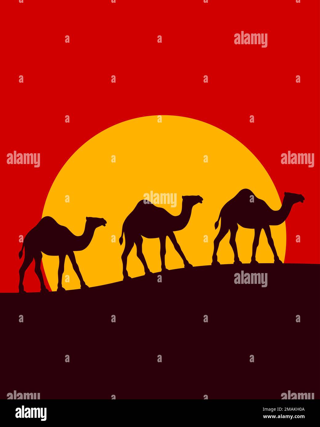 Evening landscape with camel caravan Stock Vector