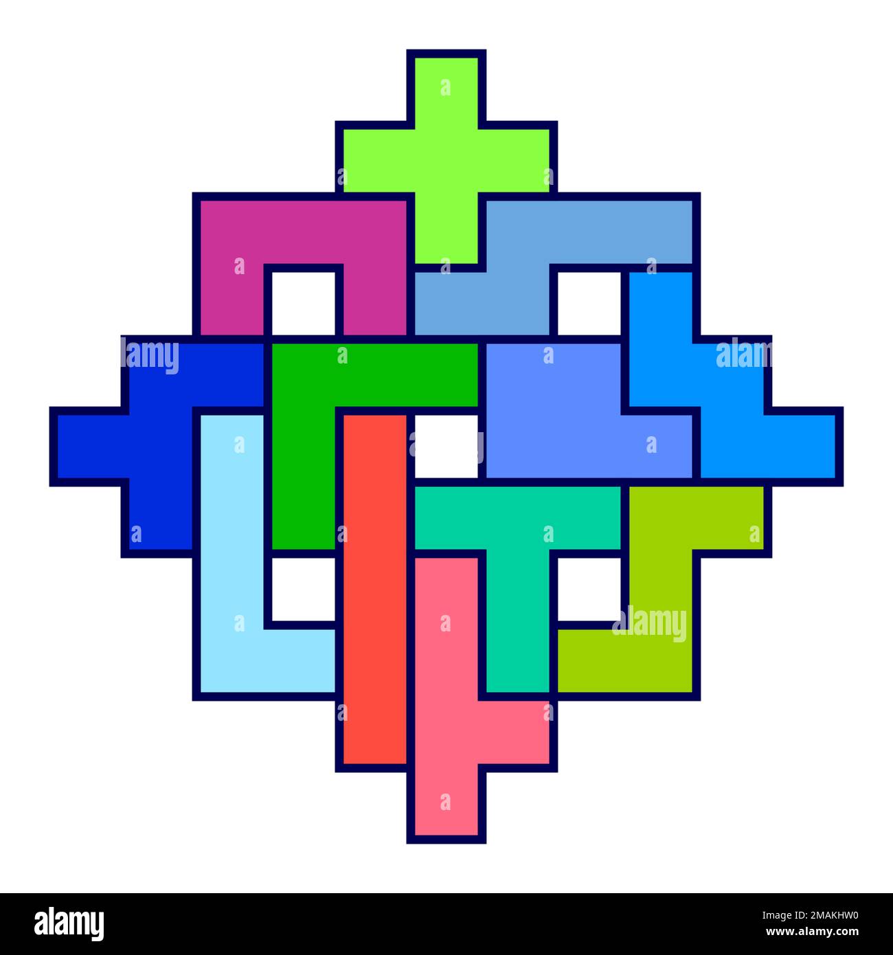 Pentomino game color elements stacked in a symmetrical shape Stock Vector