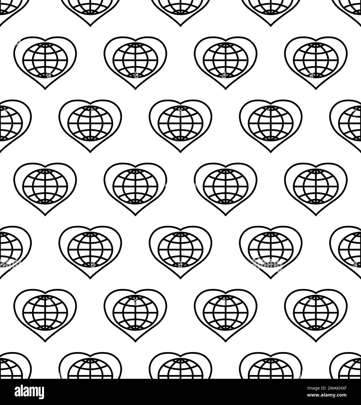 Seamless pattern of an abstract contour globe and heart symbol Stock Vector