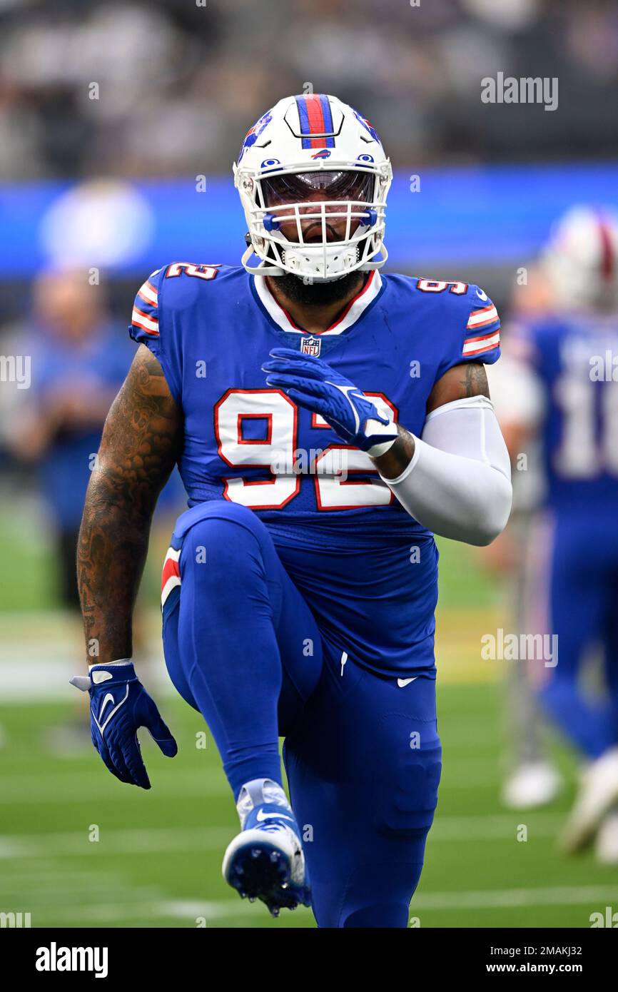 Buffalo Bills defensive tackle DaQuan Jones (92) walks off the field after  an NFL football game against the Kansas City Chiefs Sunday, Oct. 16, 2022,  in Kansas City, Mo. (AP Photo/Peter Aiken