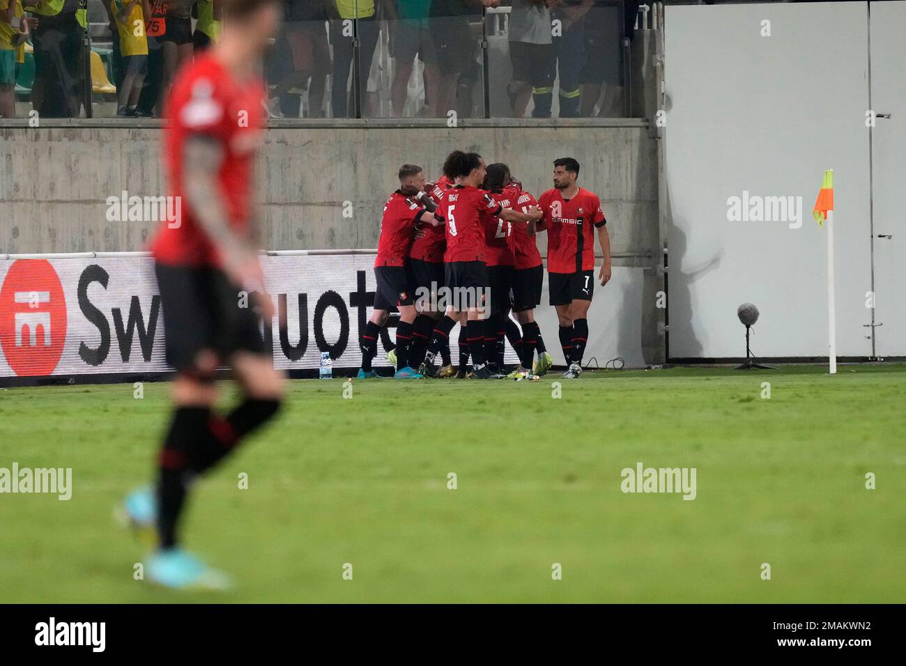Rennes players celebrate then second goal from their teammate' Lorenz  Assignon after scoring against AEK during the Europa League group Β soccer  match between AEK and Rennes at AEK arena stadium in