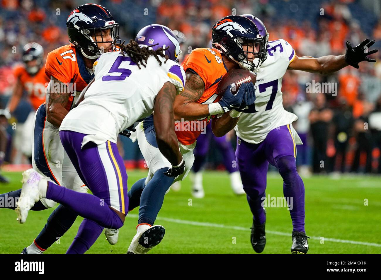 Denver Broncos tight end Dylan Parham (48) makes a catch as