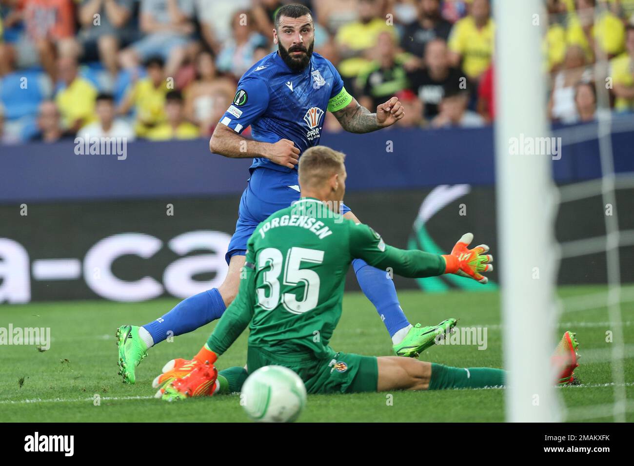 Lech Poznans Mikael Ishak scores his sides third goal during a Group C Europa Conference League soccer match between Villarreal and Lech Poznan at the Ciutat de Valencia stadium in Valencia, Spain,