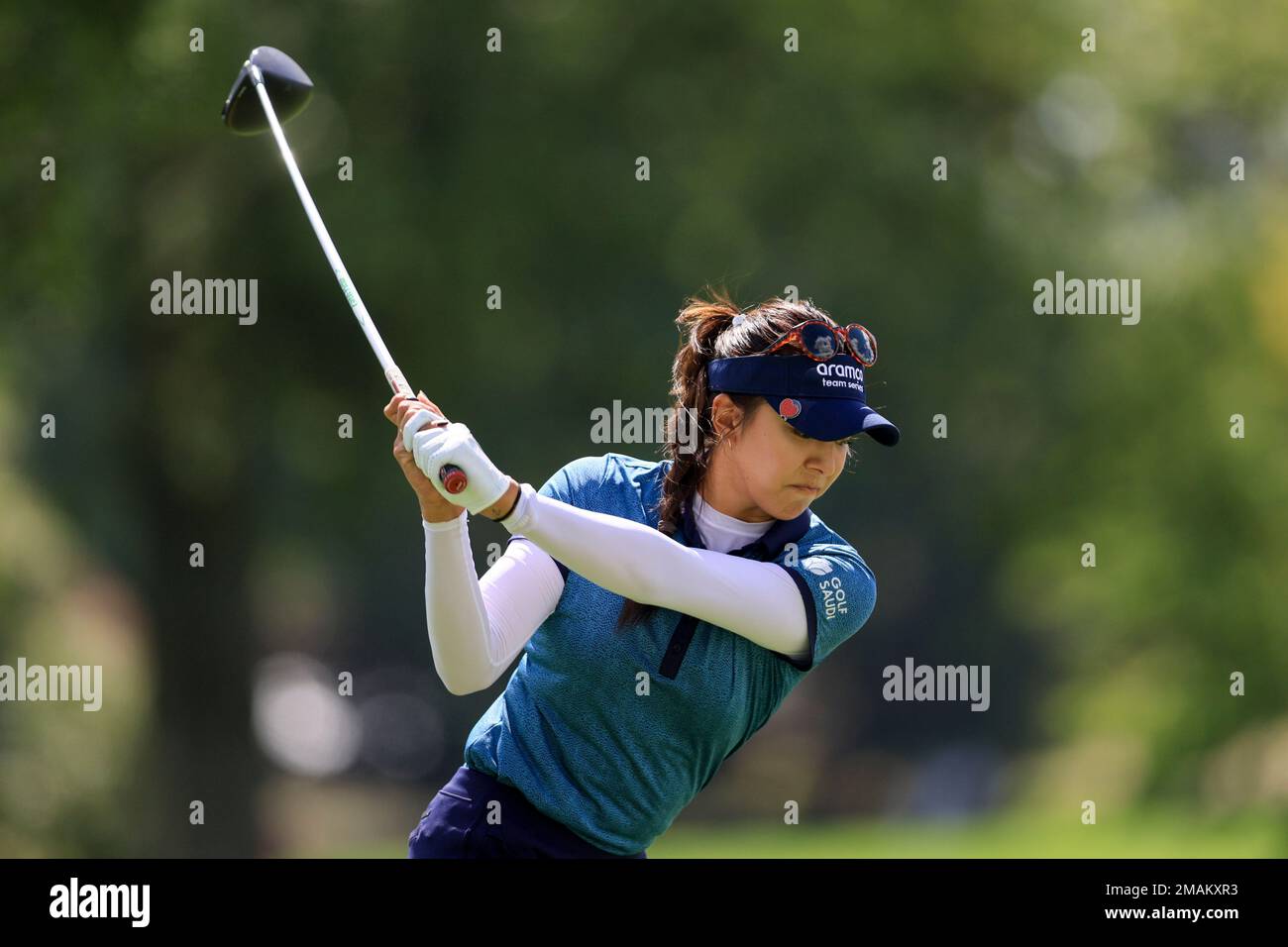 Alison Lee drives from the sixth tee during the first round of the LPGA  Tour Kroger Queen City Championship golf tournament in Cincinnati,  Thursday, Sept. 8, 2022. (AP Photo/Aaron Doster Stock Photo -
