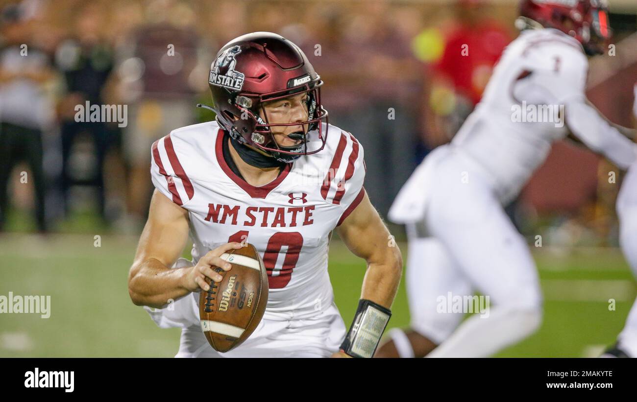 New Mexico State quarterback Diego Pavia plays during an NCAA football