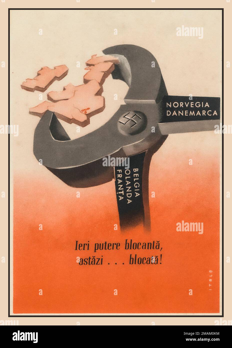Vintage 1940s Nazi WW2 Propaganda Poster with illustration of Axis Nazi Swastika Pincers crushing a map of Great Britain, with Romanian caption 'Ieri putere blocanta astazi blocata'  'Yesterday the blocking power today blocked !' Axis Nazi forces from Norway, Denmark, Belgium, Holland, France Nazi sympathisers. Stock Photo