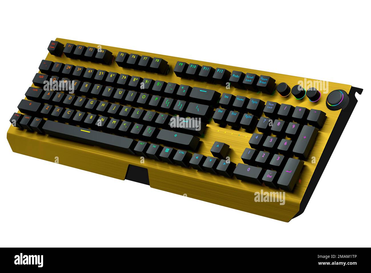 Yellow computer keyboard with rgb colors isolated on white background. 3D rendering of streaming gear and gamer workspace concept Stock Photo