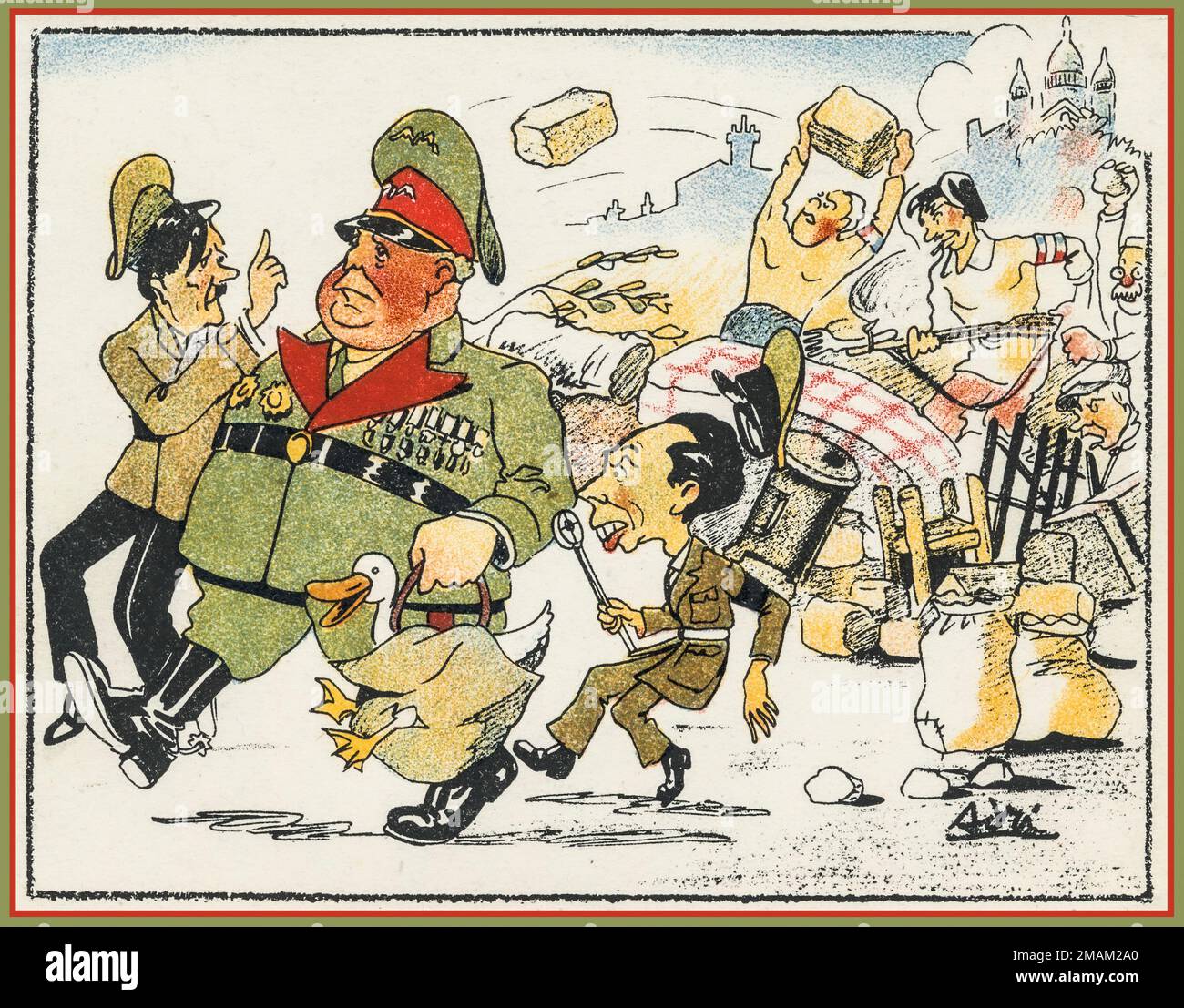WW2 Anti-Nazi Cartoon caricature featuring a fat Hermann Goering, with Adolf Hitler remonstrating and Joseph Goebbels with his propaganda microphone in France, experiencing stiff resistance at the French Paris border. World War II Stock Photo