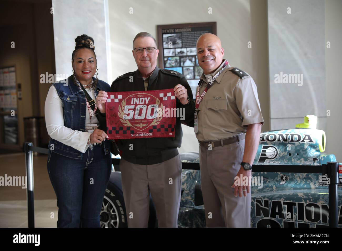The Adjutant General of Ohio, Maj. Gen. John C. Harris Jr., and his wife, Angela, were presented a gift by the Adjutant General of Indiana, Maj. Gen. Dale Lyles, at the Indiana National Guard headquarters, May, 29, 2022. Stock Photo