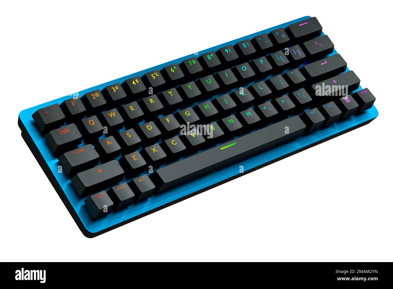 Blue computer keyboard with rgb colors isolated on white background. 3D rendering of streaming gear and gamer workspace concept Stock Photo