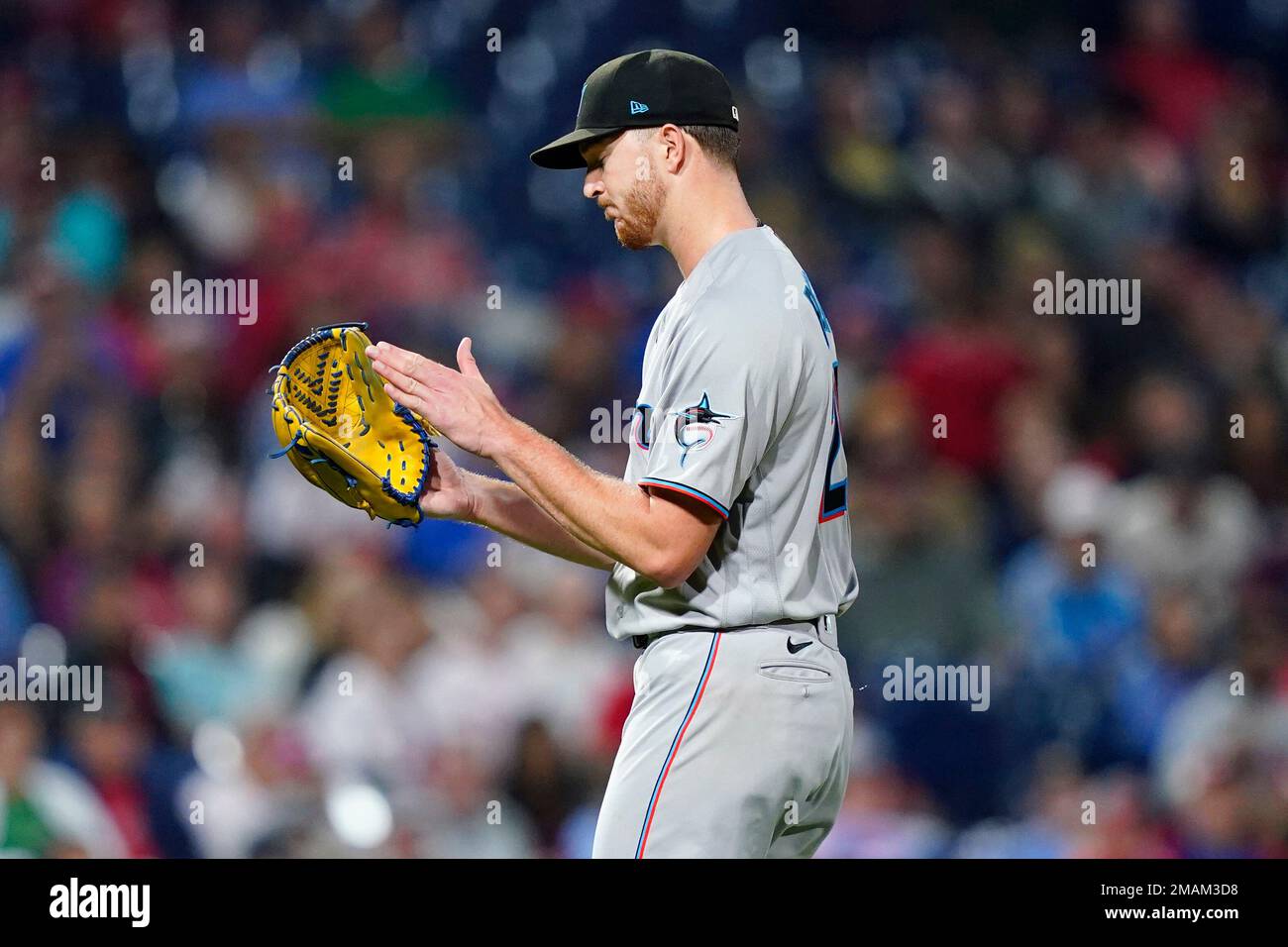 Miami Marlins pitcher Trevor Rogers reacts after getting Philadelphia