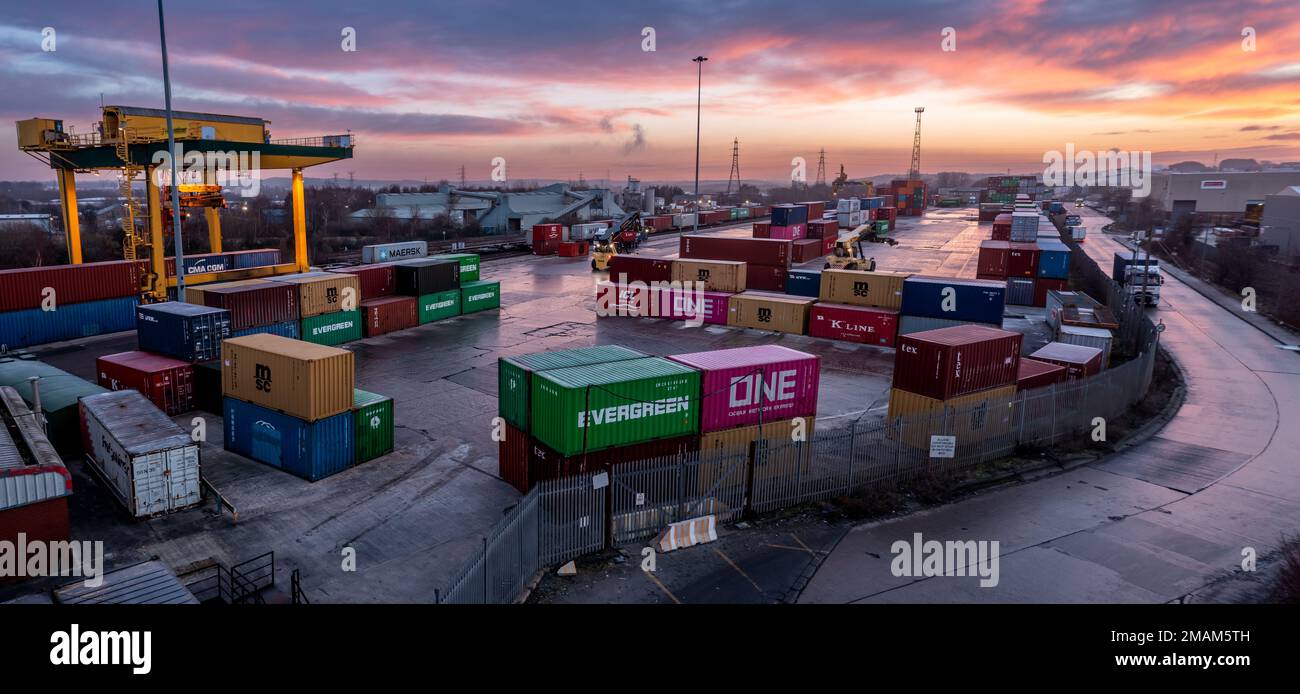 Aerial view of Freightliner Intermodal container terminal in Leeds at